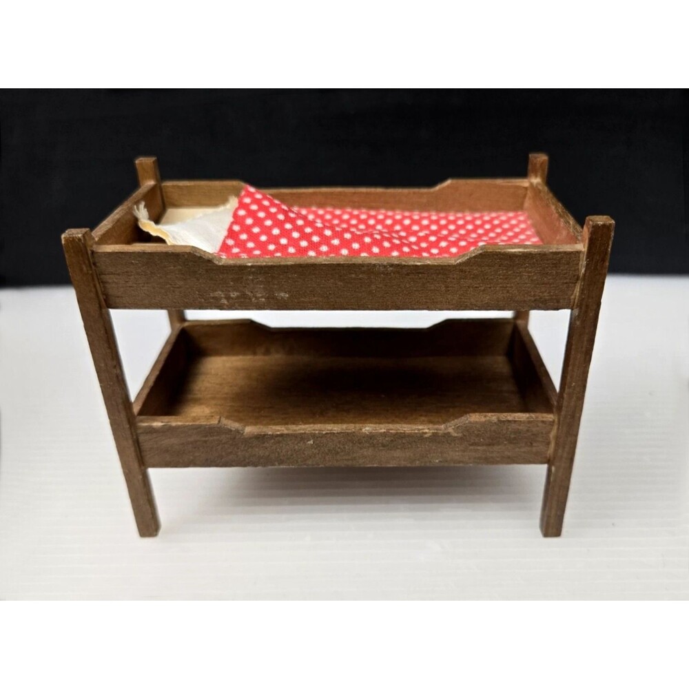 Vintage Dollhouse Miniature Wooden Bunk Beds w/ One Red Polka Dot Bedding Set